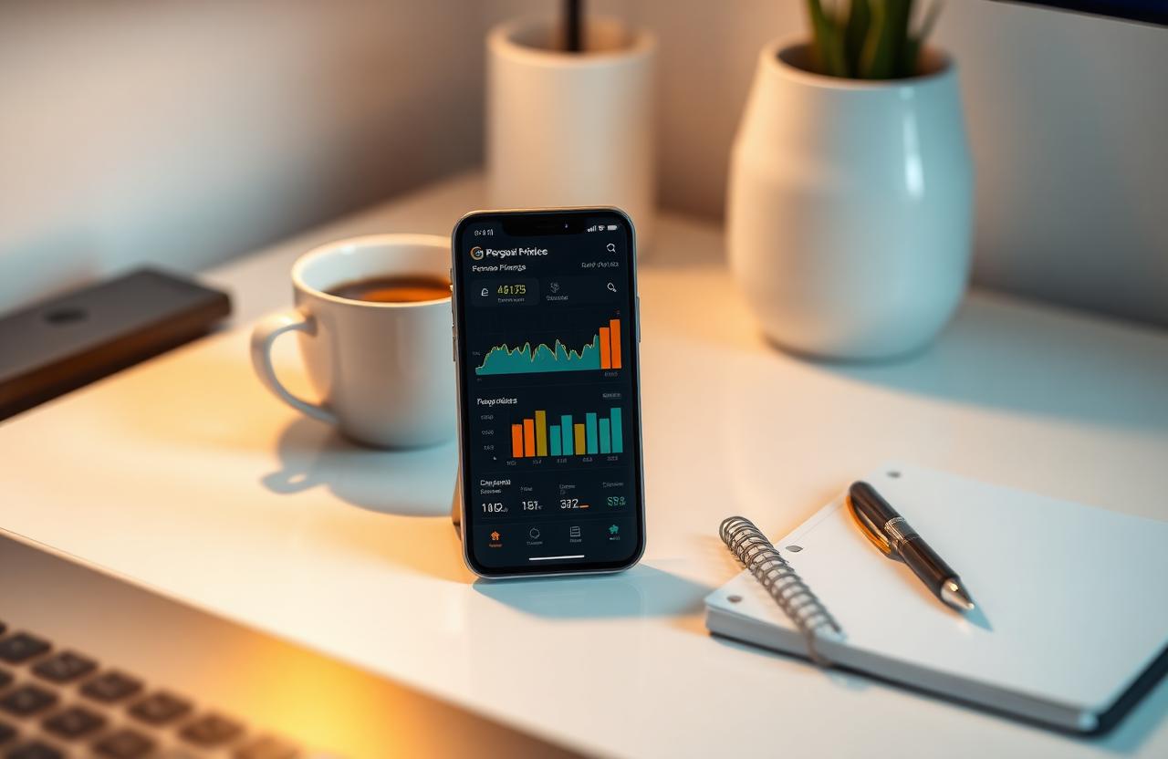 Dashboard financeiro em um smartphone sobre mesa organizada