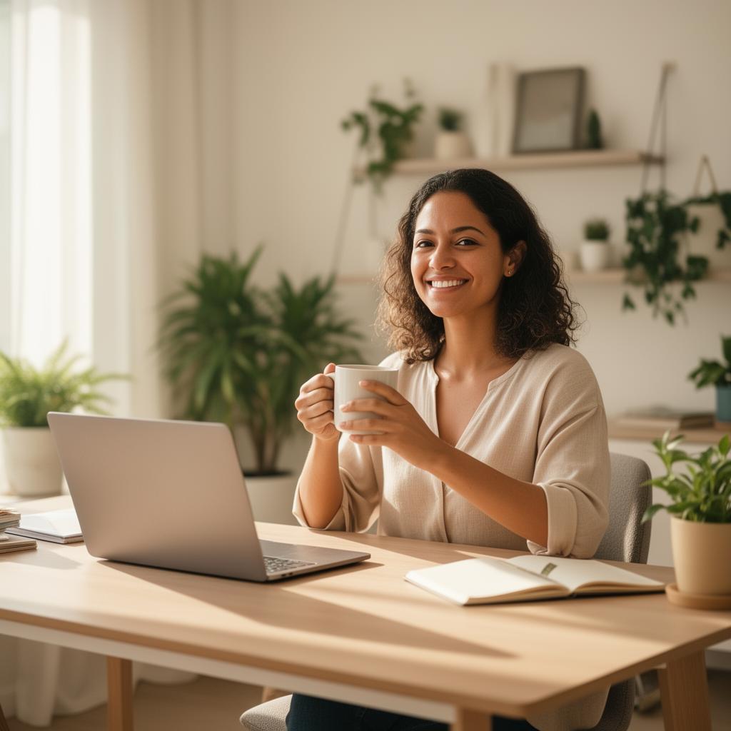 Mulher tranquila tomando café em frente ao notebook